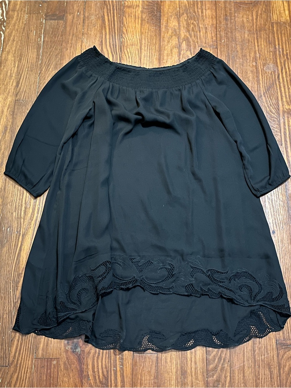 Chicos Black Off the Shoulder High/Low Lace Trimmed Dress